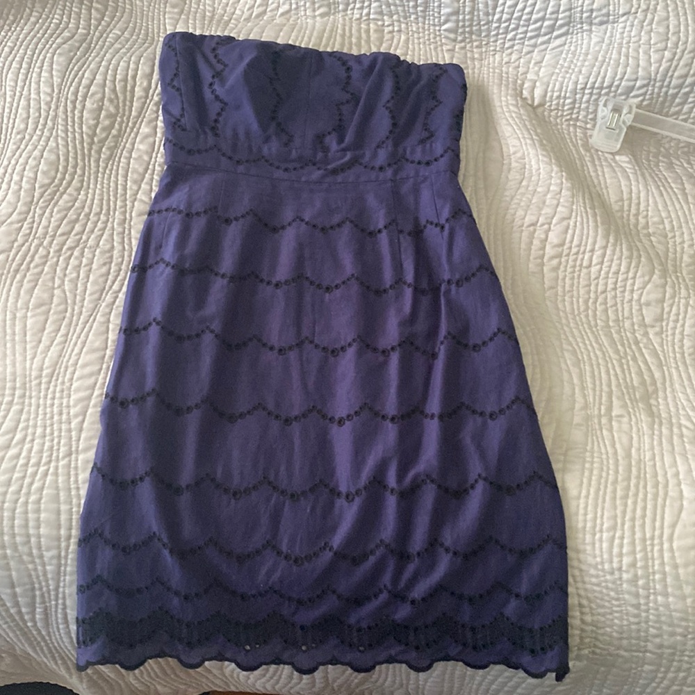 J. Crew Navy Eyelet Strapless Dress Scallop Hem, 2 new with tags